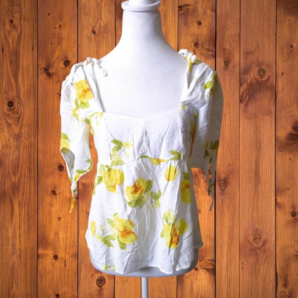 Saks Fifth Avenue Women's Medium Lemon Print Tie Accent Zip Back Blouse Top